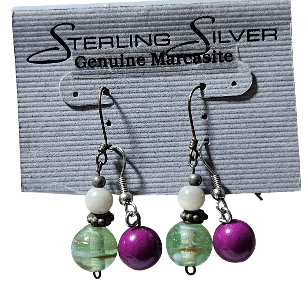 Sterling Silver Genuine Marcasite Drop Earrings Purple Green Beads Retro Fashion